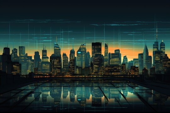 Abstract technology background with binary code and cityscape. Network concept, A city skyline at dusk with the building lights, AI Generated