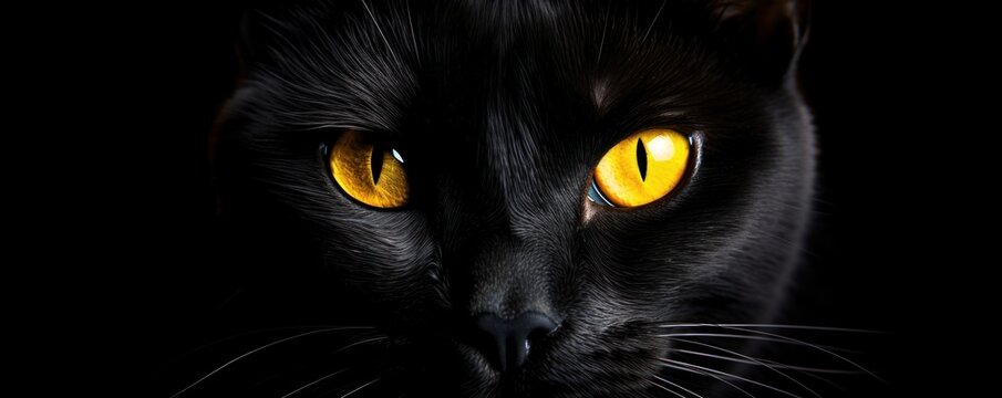 Close up banner of a black cat with yellow eyes on black background