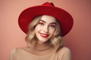 Portrait of a young caucasian woman in a red hat and red lips on peach fuzz background