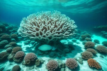 Naklejka na ściany i meble An empty coral sculpture on an underwater pedestal on the ocean floor.
