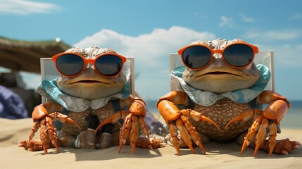 Fashionable fiddler crabs on a sandy beach, showcasing their oversized claws as stylish accessories during their seaside holiday. [elegant animals on a seaside holiday]