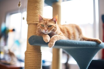 cat lounging on cat tree with paw dangling over edge
