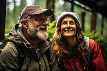 Fototapeta premium Senior couple has joying the green beautiful nature woods forest around her - concept healthy natural lifestyle - happiness emotion.