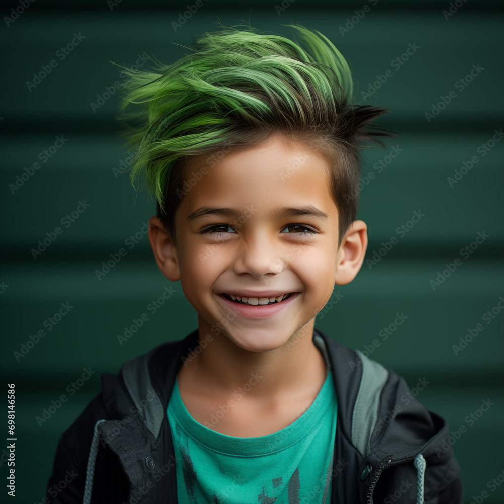 Wall mural Portrait of Latin American boy with green hair ends hairstyle