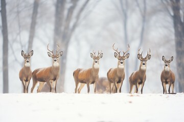 five deer lined up, breath visible in cold air