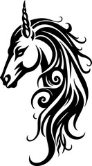 Black silhouette of unicorn. Vector illustration drawing, isolated on white background. Black shape of unicorn head