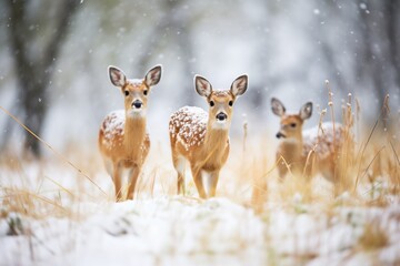 fawns playing amidst snowflakes in winter meadow
