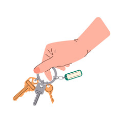 Vector flat illustration in minimalistic style Hand with a set of keys, a bunch of keys for a house, apartment with a keychain. Keys in the hands of a man on a white background.