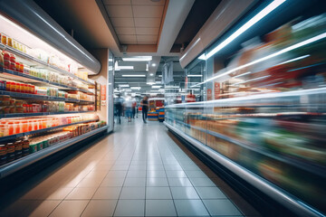 Grocery store blurred background without people. AI generative - obrazy, fototapety, plakaty