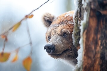 frost-covered bear snout poking from den