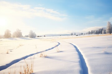 Fototapeta na wymiar sleigh tracks curving through a snowy meadow