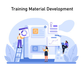 Team of experts crafting digital training materials. Collaborative effort in designing e-learning resources with interactive elements and analytics. Seamless upskilling path creation. Flat vector.