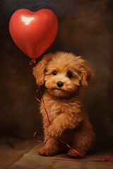 Oil painting of a plush toy dog Valentines Day gift holding a heart shaped balloon