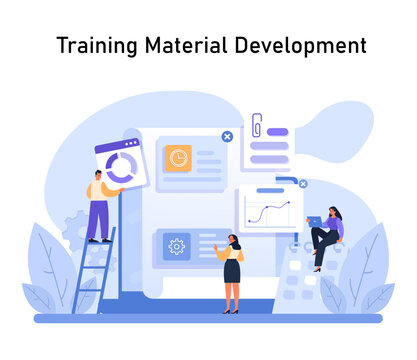 Team of experts crafting digital training materials. Collaborative effort in designing e-learning resources with interactive elements and analytics. Seamless upskilling path creation. Flat vector.