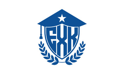 EXK three letter iconic academic logo design vector template. monogram, abstract, school, college, university, graduation cap symbol logo, shield, model, institute, educational, coaching canter, tech
