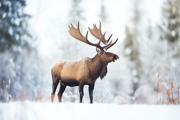 Naklejka na ściany i meble bull moose standing in snowy clearing