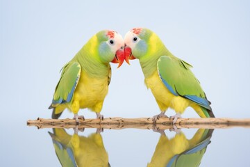 vibrant parakeet touching beak to mirror image