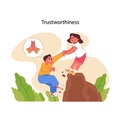 Trustworthiness concept. A child reaches to help another, showcasing the essence of trust and support among young friends. Building reliability through kind actions. Flat vector illustration