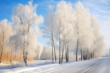 Obraz na płótnie Canvas snow-clad birch trees along a country road