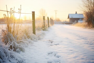 morning dew on a snow-bound country pathway