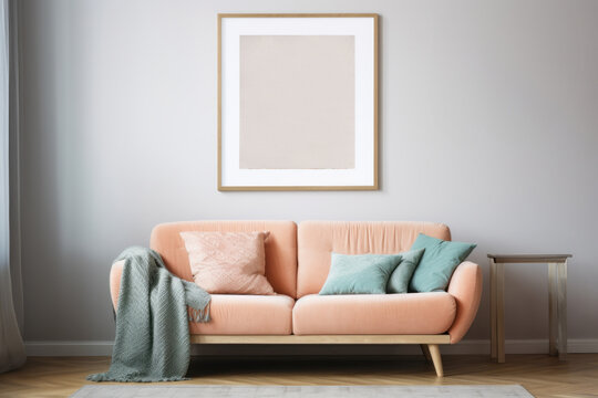 Poster mockup in modern minimalist living room interior with pink decor