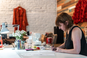 Side view of a fashion desinger working on her desk.