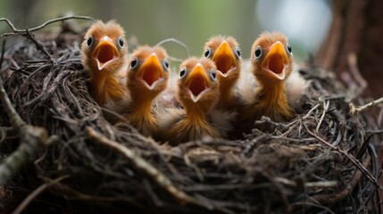 Fototapeta premium A group of baby songbirds opening their beaks wide, waiting for food in their cozy nest.