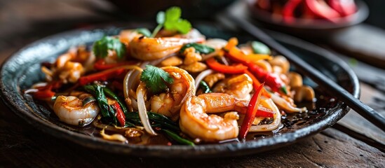 Shrimp and squid stir-fry on plate.