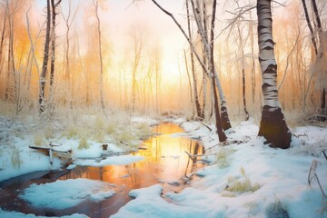 glowing sunset over a frosted forest watercourse