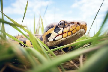 low angle shot of anaconda in tall grass