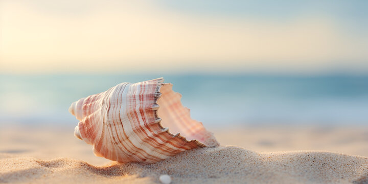 Background with a beautiful shell on the beach, Beautiful shell beach seashell sunset photography wallpaper picture, A seashell on the beach with a blue sky in the background, generative AI

