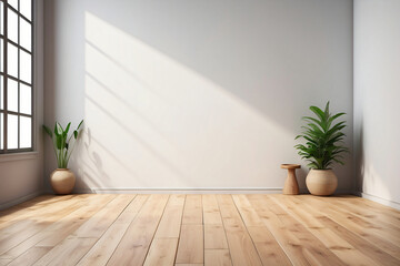 Fototapeta na wymiar Studio background with wooden floor and natural sunlight for product presentation or mockup