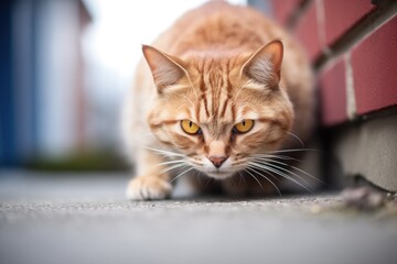 cat crouched in shadow, eyes focused