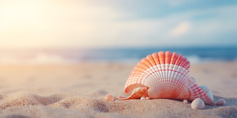 Seashells on a beach with a sunset in the background, Selective focus shot of seashells and snail on white sand on the beach, Beautifull shells on the sand beach generative ai

