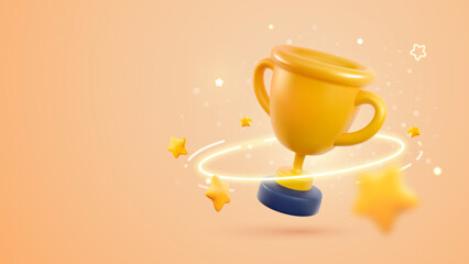 Champion cup 3d vector illustration. Win prize, first place sport competition. Cartoon trophy cup with flying stars on light background - obrazy, fototapety, plakaty