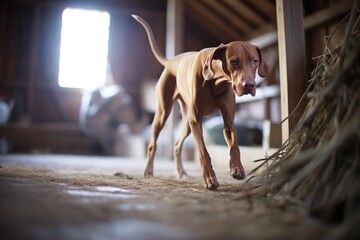 a vizsla hunting for rodents in the barn