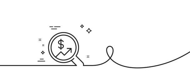 Business Audit or Statistics line icon. Continuous one line with curl. Analytics with charts symbol. Search Magnifier sign. Currency audit single outline ribbon. Loop curve pattern. Vector