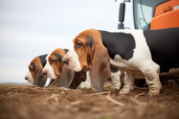 basset hounds sniffing around a tractor - obrazy, fototapety, plakaty