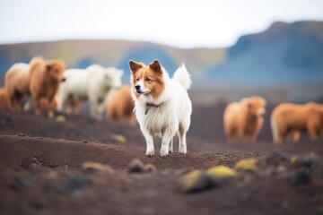 icelandic sheepdog with a herd on volcanic terrain - obrazy, fototapety, plakaty