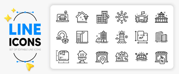 Market sale, Package size and Furniture line icons set for app include Mortgage, Home facility, Lighthouse outline thin icon. Sports arena, Floor plan, Circus pictogram icon. Vector