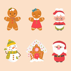 Cute Christmas gingerbread cookies vector set. Santa Claus, snowman, gingerbread house, snowman, santa claus, gingerbread man.