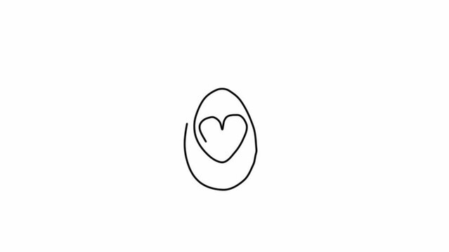 Continuous thin line animation of drawing eggs with hearts inside, hand drawn animated egg shape with lining, monoline eggs sketch doodle illustration.