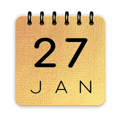 27 day of the month. January. Luxury gold calendar daily icon. Date day week Sunday, Monday, Tuesday, Wednesday, Thursday, Friday, Saturday. Black text. White background.