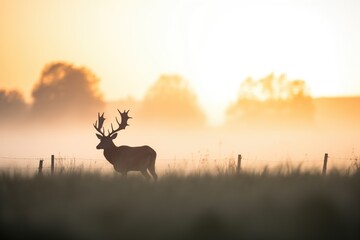 Fototapeta premium silhouette of elk at sunrise in a misty field