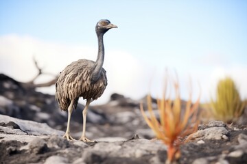 emu standing on a rocky scrubland outcrop