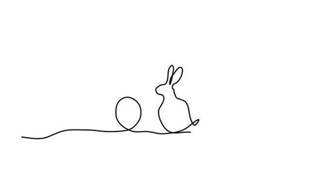 Continuous one line drawing of Easter bunny and egg. Cute silhouette of a bunny with ears in a simple linear style. Minimal linear video.