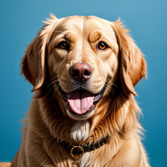 Portrait of a golden retriever dog looking at the camera with his tongue hanging out on a blue background