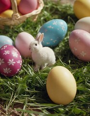 easter fluffy bunnies, in midst colourful eggs and spring field. 