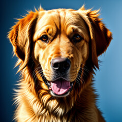 Fototapeta premium Illustration portrait of a golden retriever with his tongue hanging out, on a blue background with side light