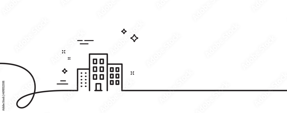 Poster buildings line icon. continuous one line with curl. city apartments sign. architecture building symb